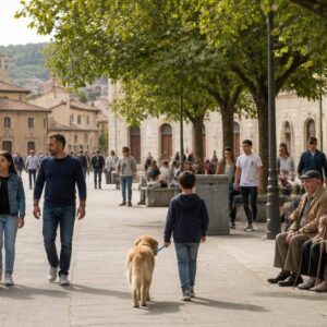 Persone di età diverse frequentano una piazza italiana con alberi e servizi pubblici