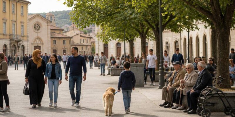 Persone di età diverse frequentano una piazza italiana con alberi e servizi pubblici