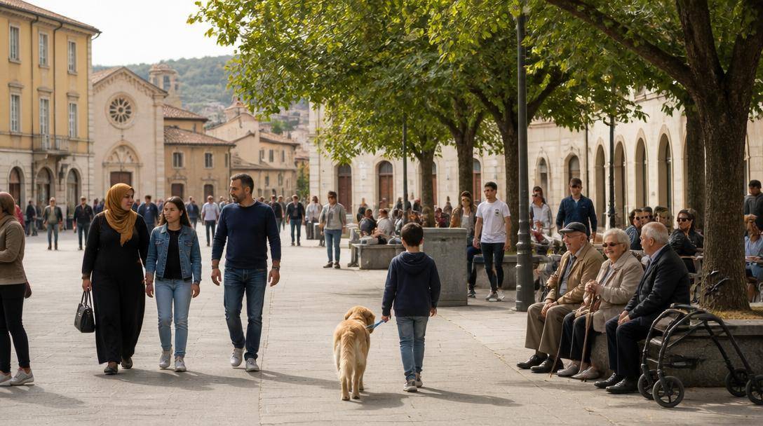 Persone di età diverse frequentano una piazza italiana con alberi e servizi pubblici