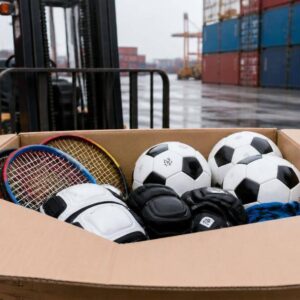 Operatori organizzano attrezzature sportive in un magazzino destinato alla distribuzione.