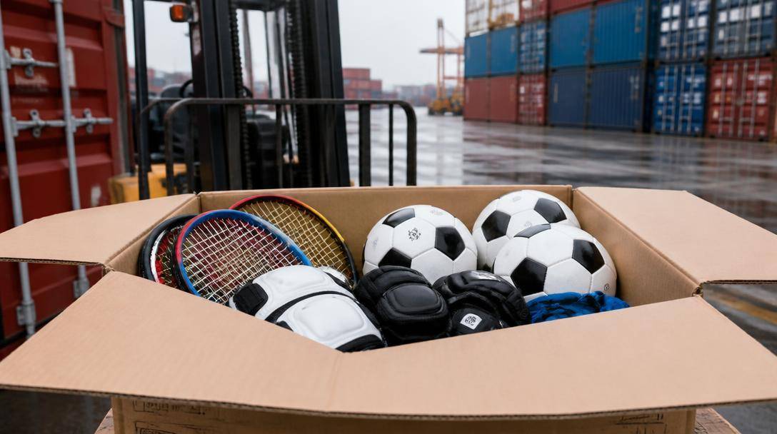Operatori organizzano attrezzature sportive in un magazzino destinato alla distribuzione.